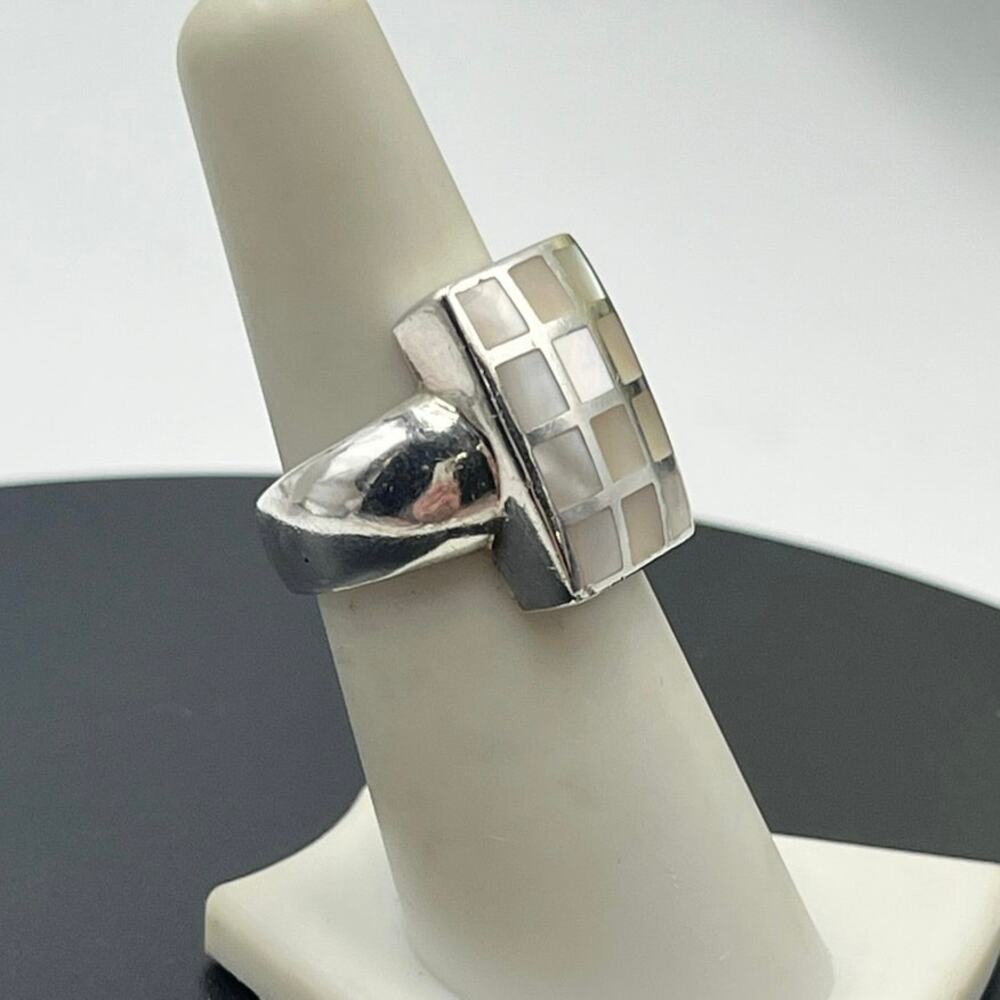 Mother of‎ pearl Inlay Checkerboard Modern Chunky Tile Iridescent Ring Sz 7.25